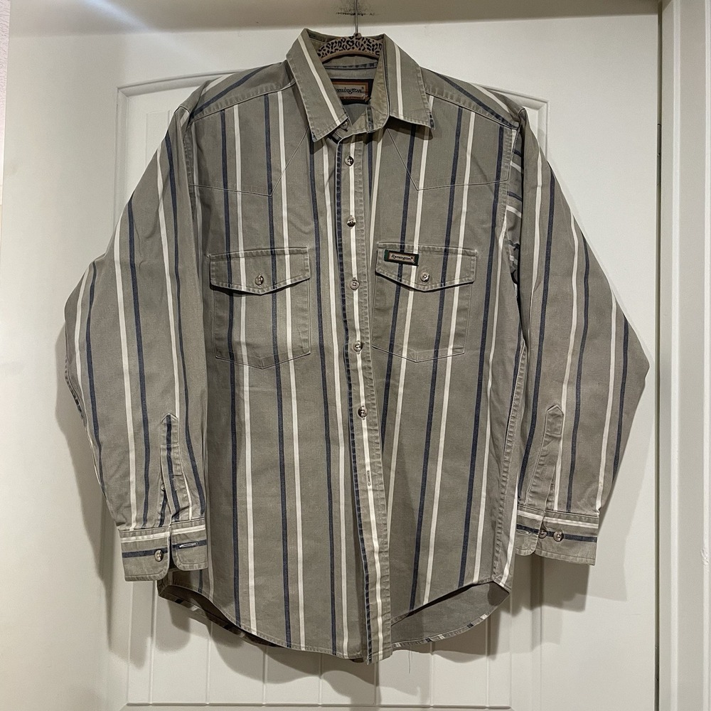 Vtg Remington Shirt Mens Large Striped Long‎ Sleeve Outdoor Hunting Western USA